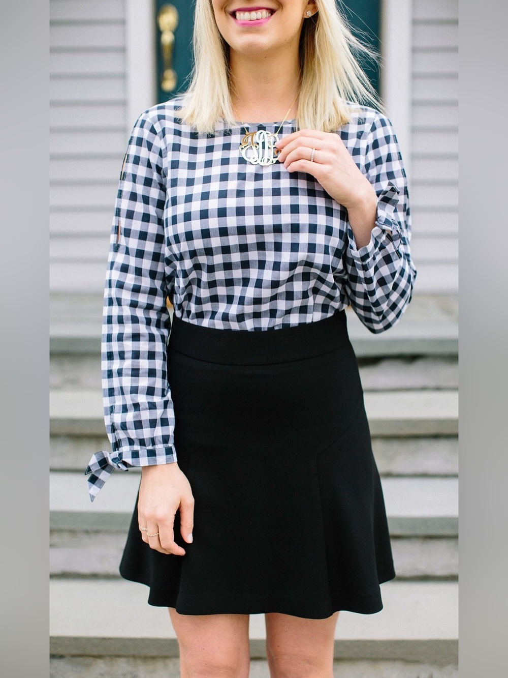 J. Crew Navy and White Gingham Lightweight Cold Shoulder Top - Picture 3 of 9